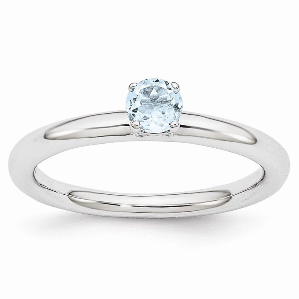Rhodium Plated Sterling Silver Stackable 4mm Aquamarine Ring Size 8
